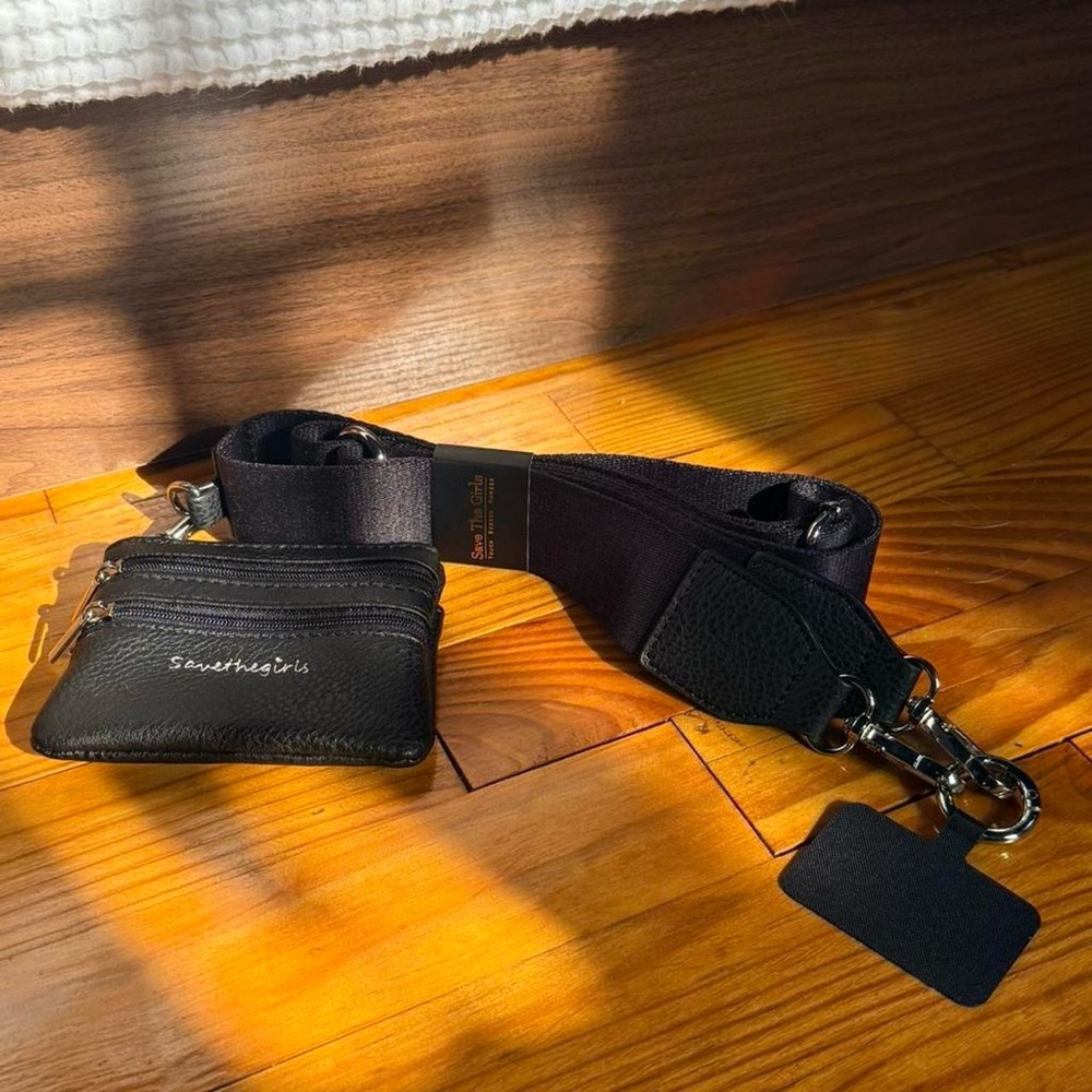 Black Leather Wallet, Phone Holder, and Strap Set